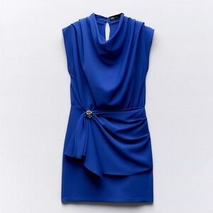 Zara Royal Blue Wrap Front Brooch Dress  Mini Dress